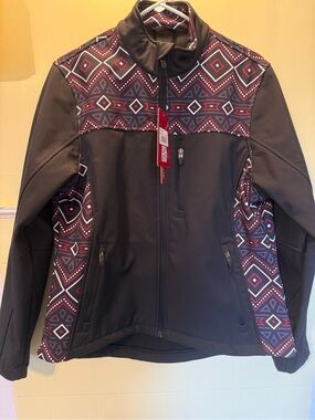 Women’s Softshell Jacket with Geometric Print - Black, Red & Grey
